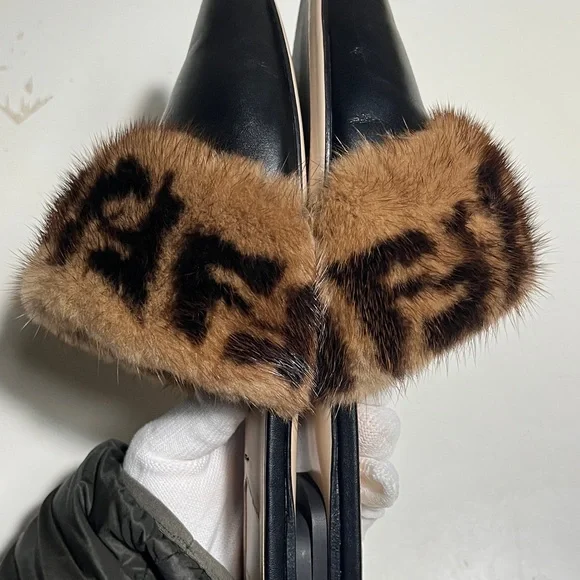 Fendi Black Leather Pointed Mules with Brown Logo Fur Band - Picture 7 of 11